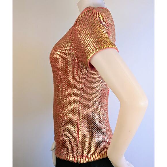 Oscar de la Renta Sweater VTG Petite Med Coral Gold Shimmer Short Sleeve Ribbed - Picture 3 of 9